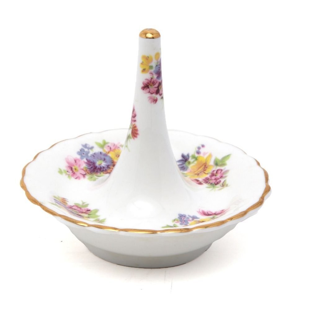 Vintage Bone China Ring Holder Dish Jewelry Floral Canada White Pink Gold 80s